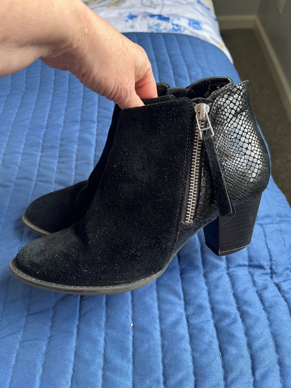 Vionic Black Suede Ankle Booties with Textured Heel and Side Zip